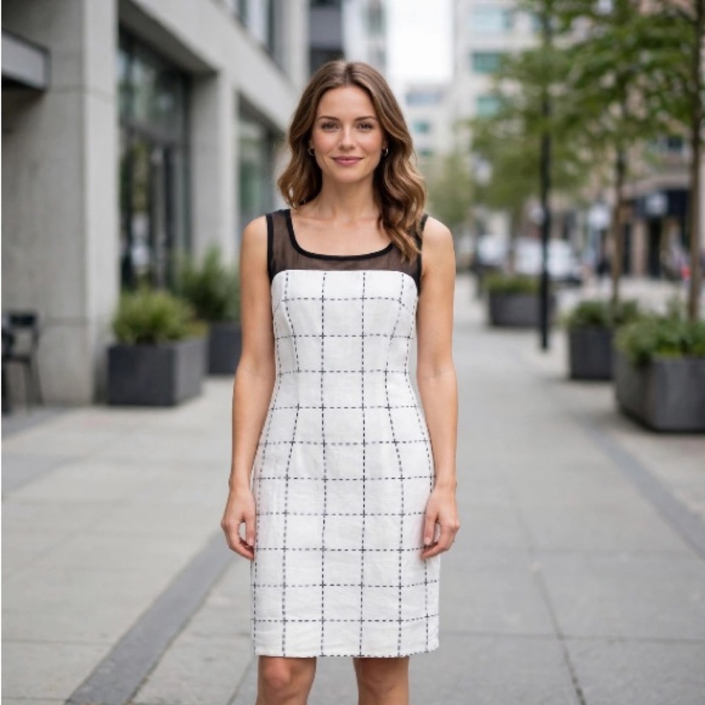 KAREN WARREN Sleeveless White Windowpane Sheath Dress with Black Trim Size 6
